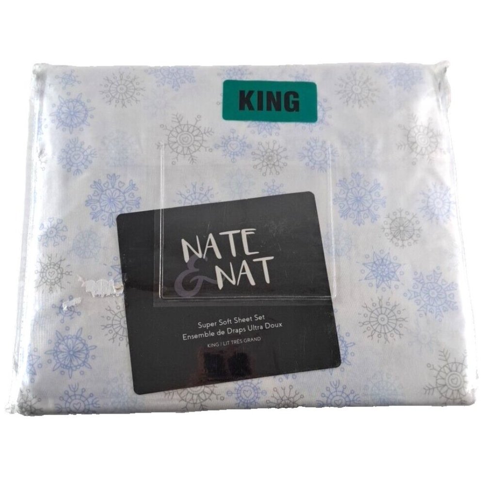 Nate & Nat King Bedsheets Gray Blue Snowflakes 4 PC Super Soft Winter Cozy